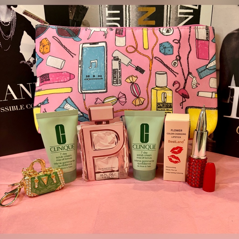 NEW CLINIQUE Pink Cosmetic Pouch w/travel size skincare/Charm Necklace/9 Items